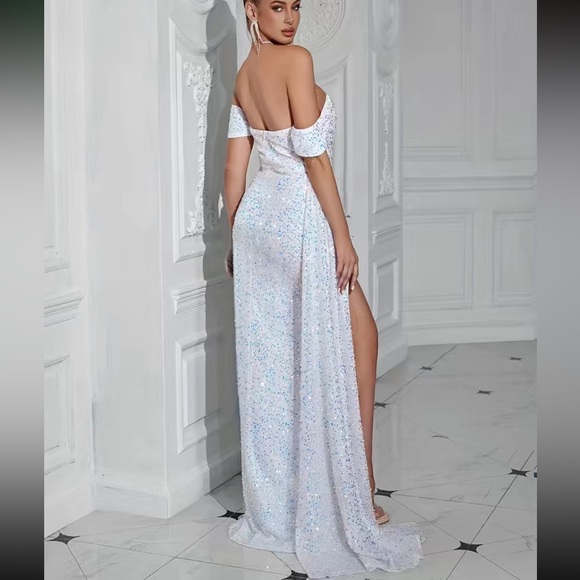 Luxe cold shoulder slit thigh prom part sequins gown dress - Picture 4 of 6